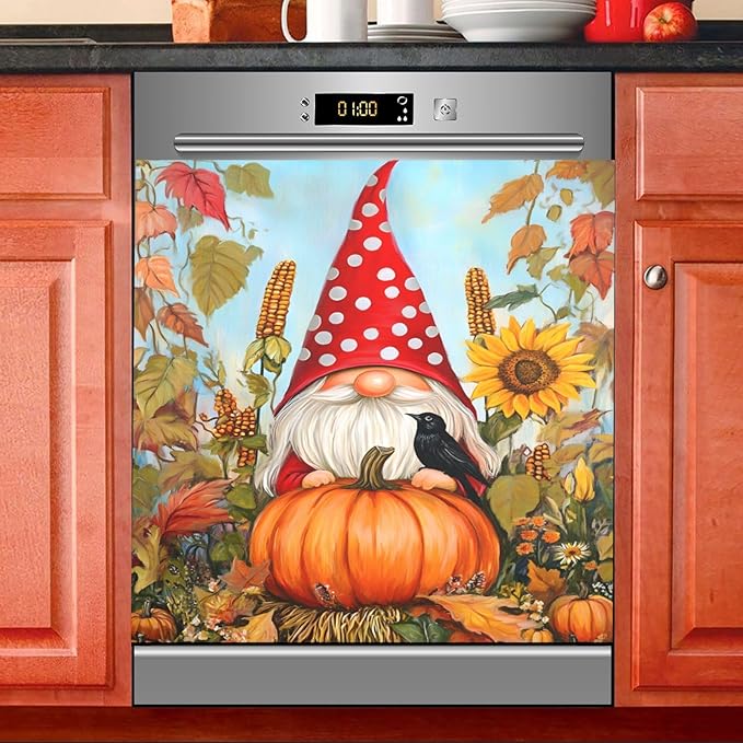 Garden Gnome Pumpkin Autumn Thanksgiving Dishwasher Magnet Cover Sticker Magnetic Refrigerator Panel Front Door Fridge Microwave Decal Decorative