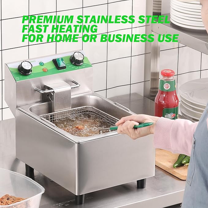 Electric Deep Fryer with Timer 10L/10.6QT Commercial Deep Fryer with Basket and Lid, Temp Control, 1700W/110V Stainless Steel Single Oil Fryer Countertop Fryer for Home and Restaurant Use