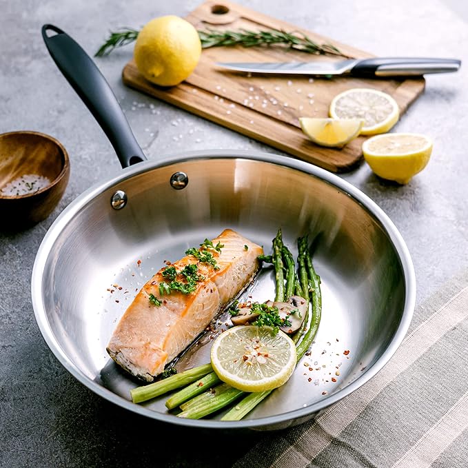 GrandTies Full-Clad Tri-Ply Stainless Steel Frying Pan Induction Cookware – 10 Inch Stainless Steel Skillet, Marquina Black Metal Handles Kitchen Cooking Pan, Dishwasher and Oven Safe Pots and Pans