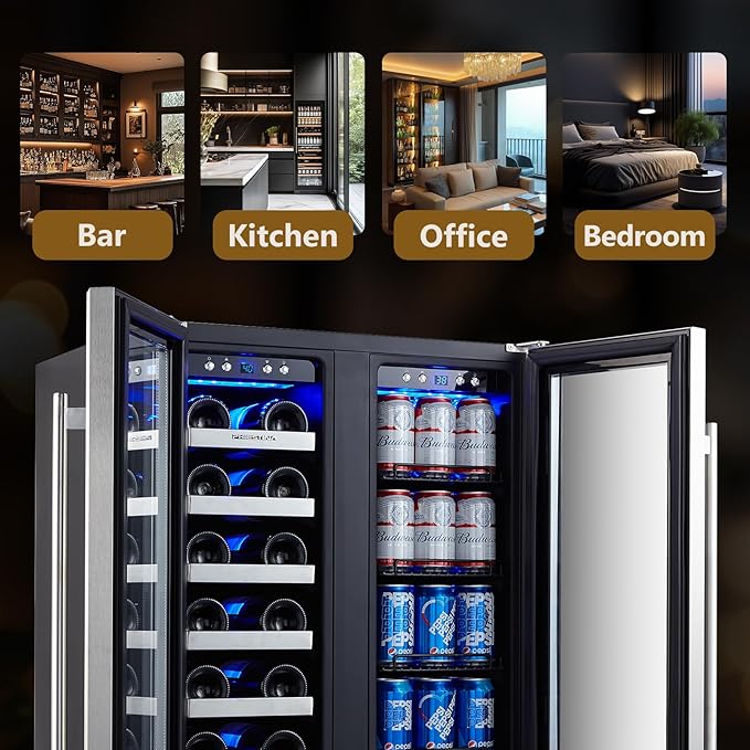 Phiestina Beverage Fridge, 24 Inch Wine and Beverage Refrigerator, Under Counter Wine Cooler- 20 Bottles & 76 Cans, Built-in/Freestanding Dual Zone with Glass Door