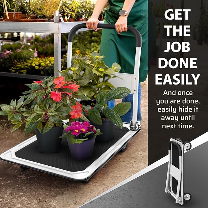 Heavy Duty Foldable Push Cart Dolly | 660 lbs. Capacity | Upgraded Collapsible Hand Truck Folding Platform with Swivel Wheels | Flat Bed Moving Wagon | Space Saving Push Handle (White)