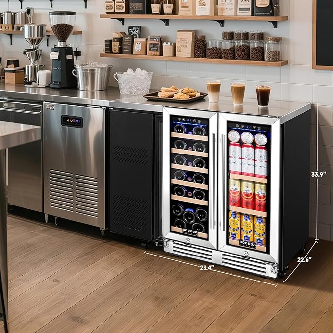 BODEGACOOLER Wine and Beverage Refrigerator, 24 Inch Under Counter Commercial Beverage Refrigerator, Large Capacity Back Bar Cooler With 2 Glass Doors,LED Lighting for Beer,Soda,Wine,4.1 Cu.Ft.,Black.
