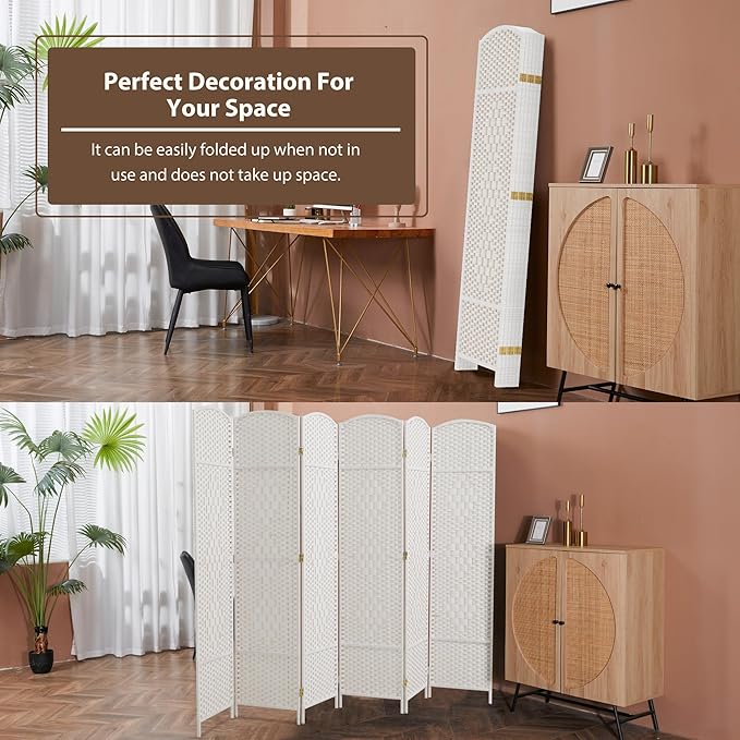 Duraspace 6 Panels Room Divider 6 FT Tall Weave Fiber Privacy Screen Freestanding Double Hinged Folding Screen Extra Wide Room Dividers for Patio Privacy (Off White)