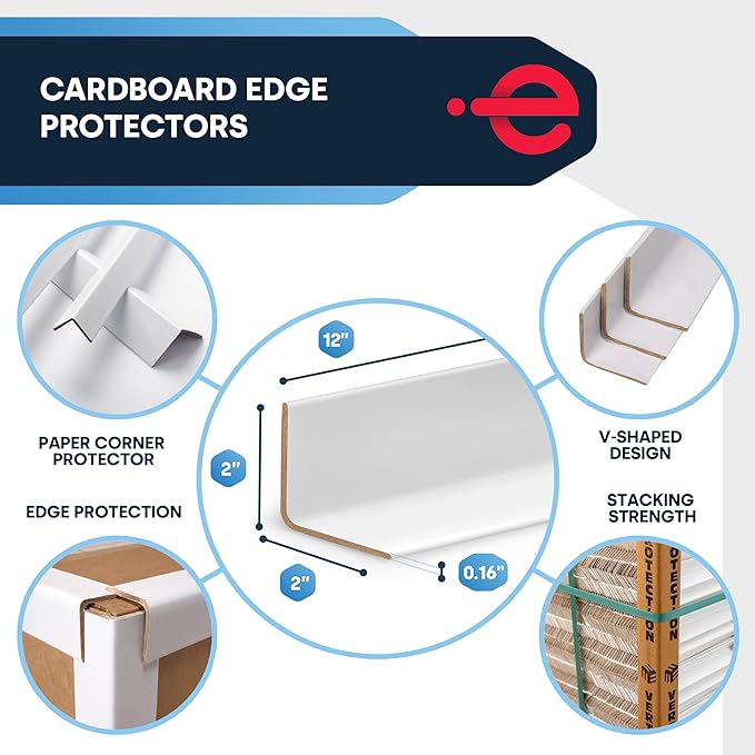 Cardboard Corners for Packing - 2"W x 2"D x 12"L, Medium Duty .160 ga, Pallet Box Corner Protectors, Angle Boards, White, 50/Pack