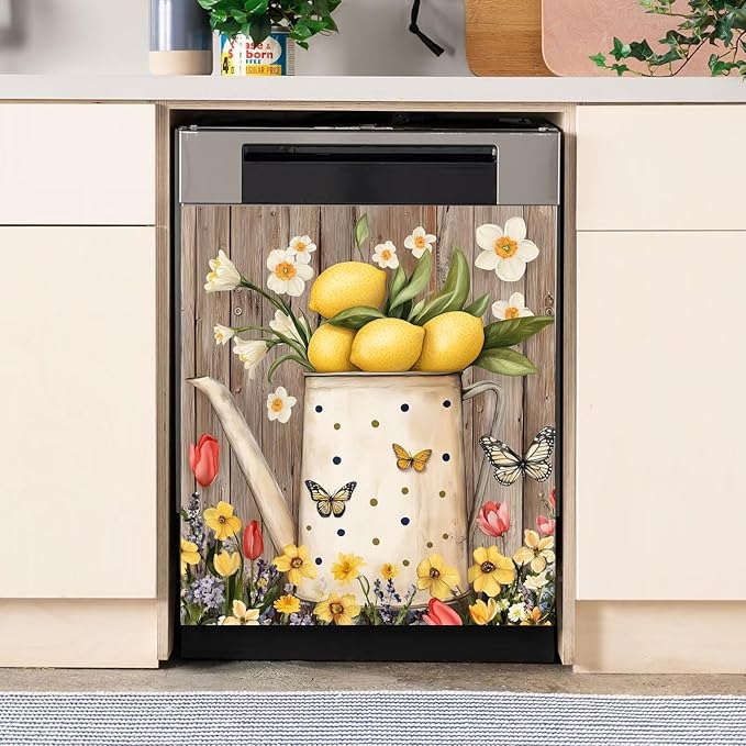 Farmhouse Lemon Dishwasher Magnet Cover,Pastoral Flowers Butterfly Magnetic Dishwasher Cover Vinyl Sticker,Fridge Door Cover Magnets Art Skin Panel Decal,Home Decor Decal,23"X26"