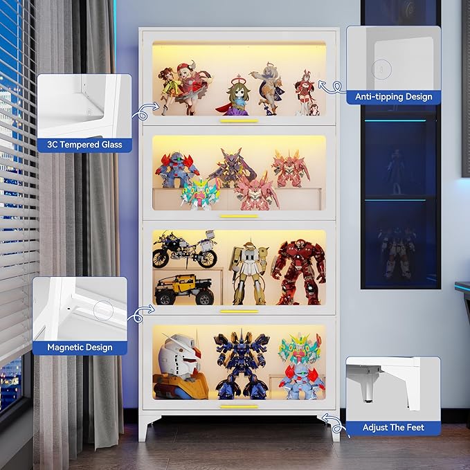 65" Tall Display Cabinet with Glass Doors,Metel Curio Cabinet with RGB LED Lights,4 Tier Glass Display Case for Scale Figures, Collectibles,Books(White)