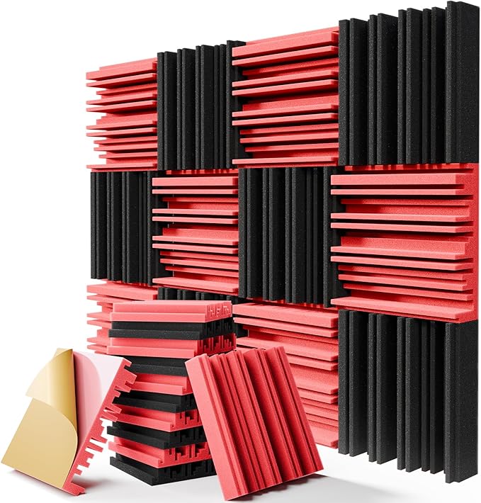 12 Pack Sound Proof Foam Panels for Walls, 12" x 12" x 2" High-Density Acoustic Panels,Self-Adhesive Soundproof Wall Panels for Studio Home and Ceilings (Black+Red)