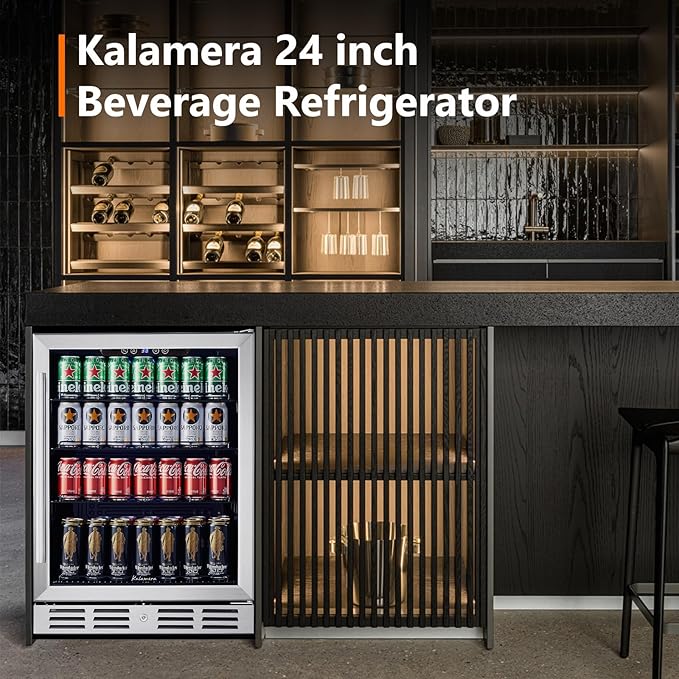 24 Inch Under Counter Beverage Fridge -Max 164Cans Capacity Drink cooler,Wide 24''Perfectly for Built in Space, Adjustable shelves for any size beverage/beer/soda Transparent door Refrigerator