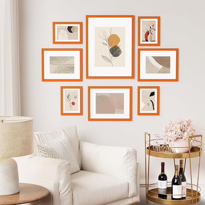 Vittanly 8x10 Picture Frame Set of 2, Solid Wood Frame for Wall or Tabletop, Display Photo 5x7 with Mat or 8x10 without Mat, Orange