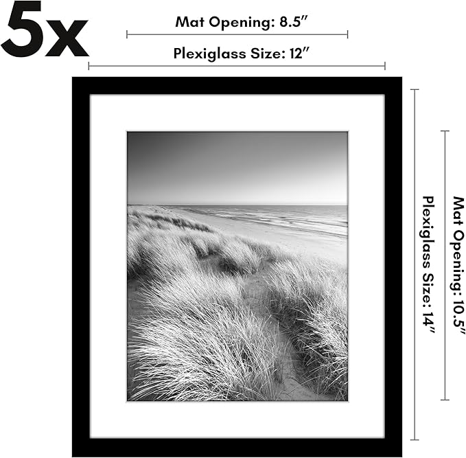 Americanflat 12x14 Picture Frame with Polished Plexiglass - Set of 5 - Use as 9x11 Frame with Mat or Display 12x14 Photo Without Mat - Galleria Collection - Picture Frames for Wall Display - Black