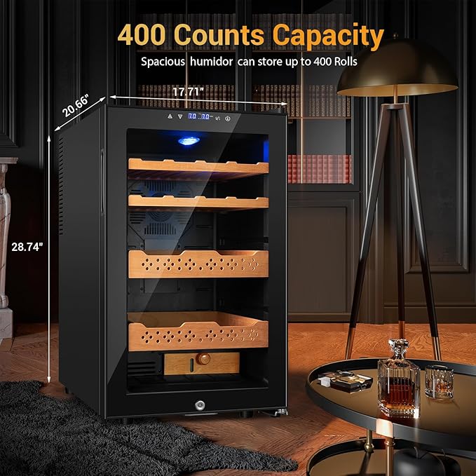 70L Electric Humidor – Large Capacity 400 Count Electric Humidor Cooler | Smart Temperature & Humidity Control | Spanish Cedar Wood Shelves, Digital LED Screen & Safety Lock | Gift for Men