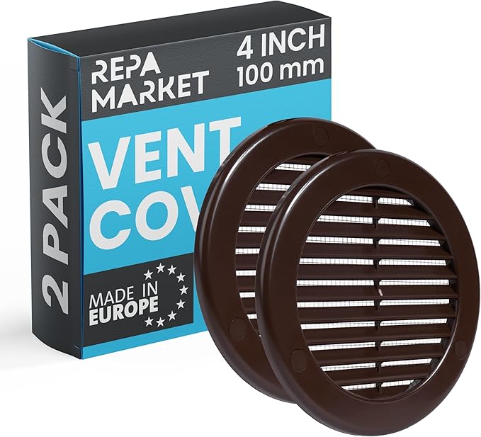 Repa Market 4 Inch (Opening) Brown Round Air Vent Cover - Pack of 2 Plastic Fresh Air Intake Vent - AC Cover with Nylon Mesh Screen - Wall, Ceiling HVAC Return Air Register - Modern Soffit Vents