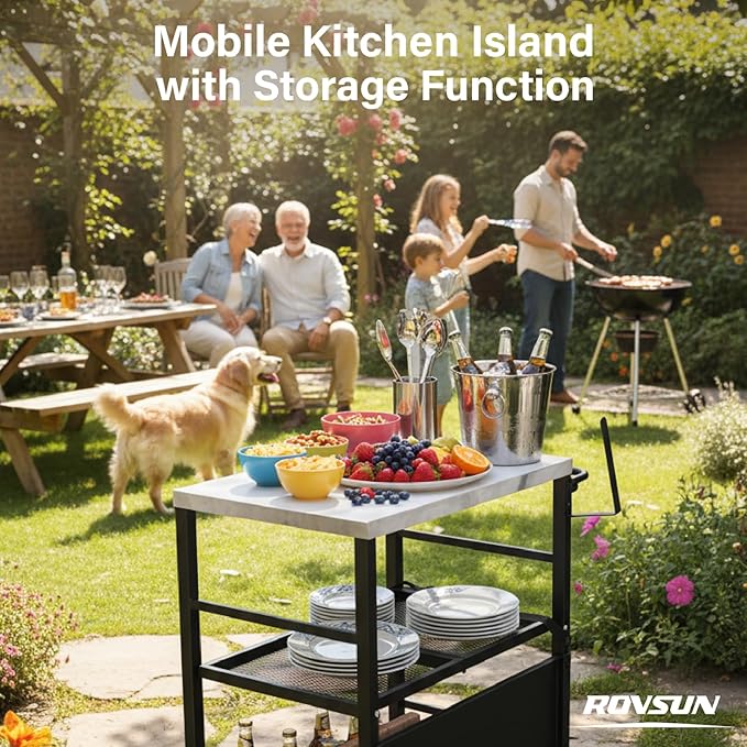 ROVSUN Stainless Steel Foldable Grill Table Cart, Outdoor Food Prep Rolling Cart with Wheels and Storage Shleves, Paper Towel Holder, Easy Movable Kitchen Island for Home, Patio, Pizza Oven
