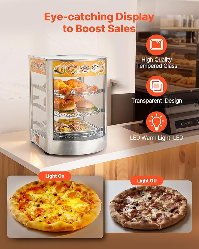 VEVOR 3-Tier Commercial Food Warmer Display, 800W Food Display Warmer with LED Light, Adjustable Shelf and Stainless Steel Frame, 86℉~185℉ Air Heating, 60L for Hamburger, Pizza, Bread, Fried Chicken