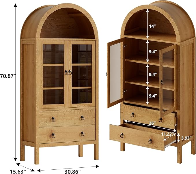 71'' Tall Arched Cabinet, Farmhouse Arched Kitchen Pantry with Doors, Arch Storage Cabinet Display Bookcase with 2 Large Drawers and Adjustable Shelves, Versatile Cupboard for Living Room