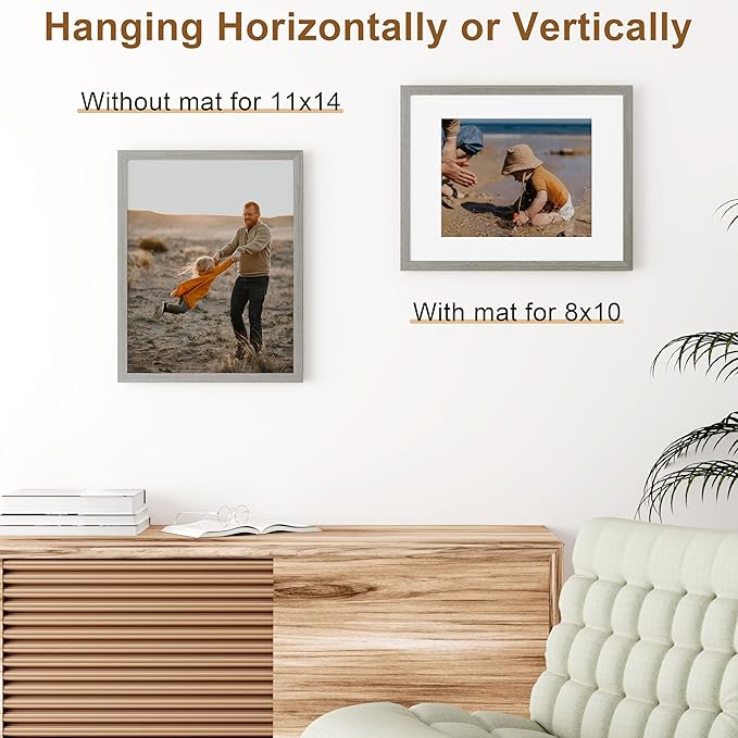 Vittanly 11x14 Picture Frame, Solid Wood Frame with Plexiglass, Includes 8x10 Mat, Wall Hanging for Photos, Home Decor, Grey, 1 Pack