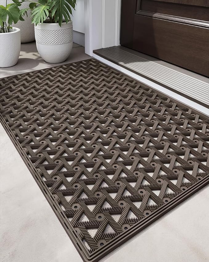 DEXI Front Door Mat Outside Entrance Rubber 24x36, Welcome Floor Doormat Heavy Duty Non Slip, Dirt Trapper Waterproof Exterior Entry Mats All Weather for Patio Entryway Drainage, Brown