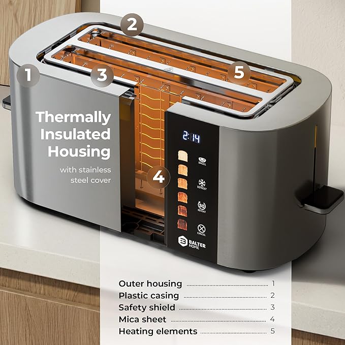 Toaster 4 Slice Wide Slot, Bagel Function, Long Slot, Stainless Steel, Touch Screen, Built-in Rack, Extra-Wide 1.5" Slots for Thick Breads & Bagel, Timer, BPA-Free, 6 Levels, Removable Tray