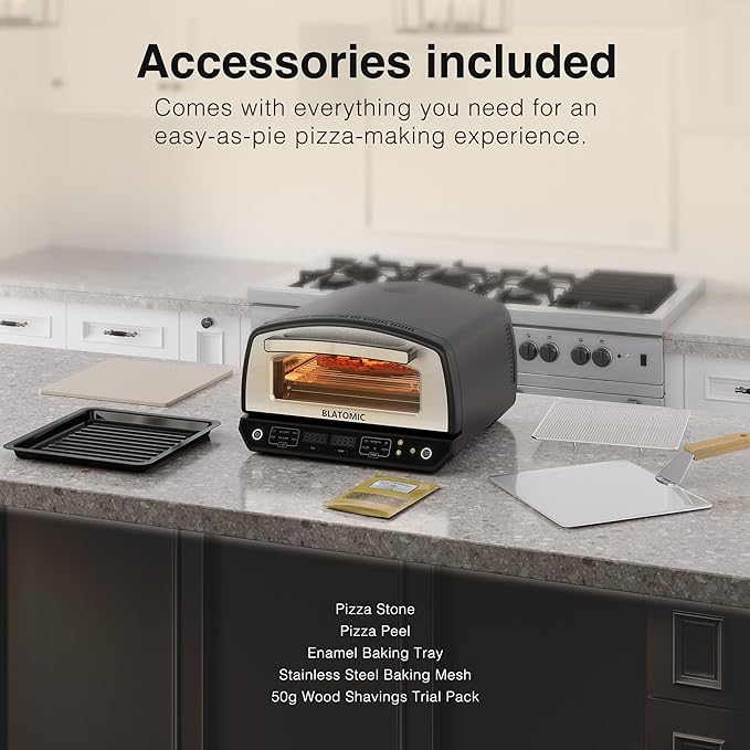 Indoor Pizza Oven - Makes 13 Inch Pizzas, Heats up to 850°F - Countertop Electric Pizza Maker with 6 Touchscreen Presets, Pizza stone & Peel, Baking Tray & Mesh Included - Stainless Black