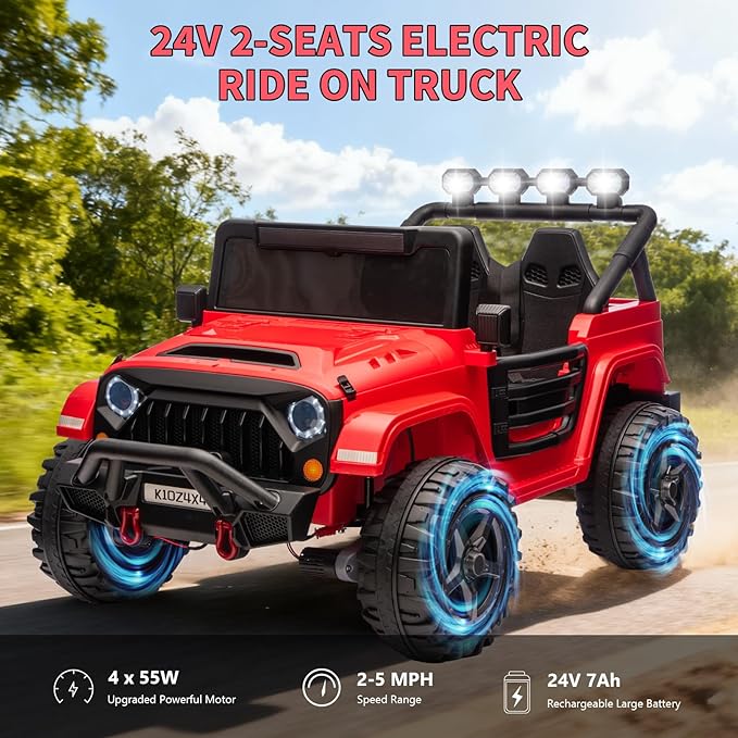 2 Seater Ride on Car Toy for Kids, 24V 4x4 Ride-on Truck, w/Parent Control, Soft Start, 3 Speed, 4-Wheeler Suspension, Bluetooth, LED Lights, Electric Car for Kids Toddler Ages 3-8, Red