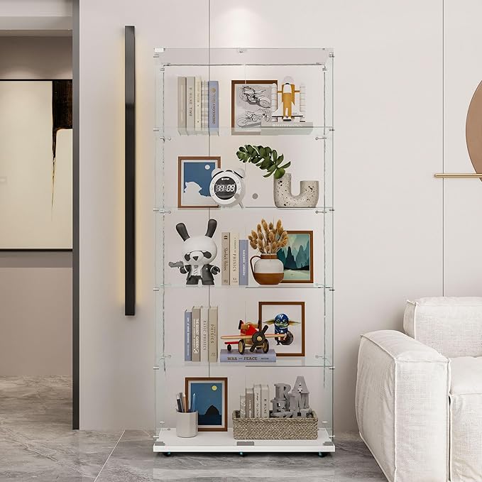 Yoluckea 5 Tiers Glass Display Cabinet with Bluetooth LED Light Strip, 2 Doors Floor Standing Curio Cabinet with Universal Wheel for Home Office Display,White Glass Bookshelf for Collections,Clear Top