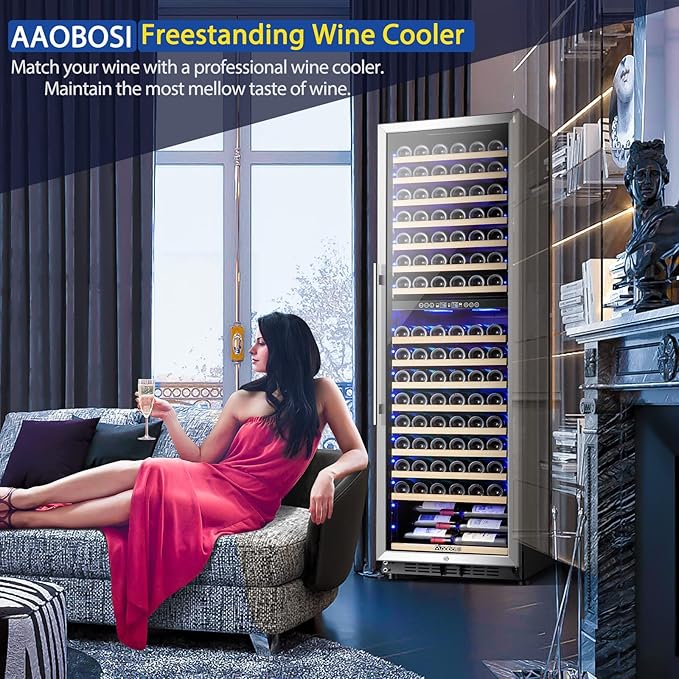AAOBOSI Wine Cooler Dual Zone 24 Inch, 176 Bottles Wine Refrigerator, Freestanding Wine Fridge with Intelligent Temperature Memory & Humidity Control Compressor Cooling, Quiet Operation