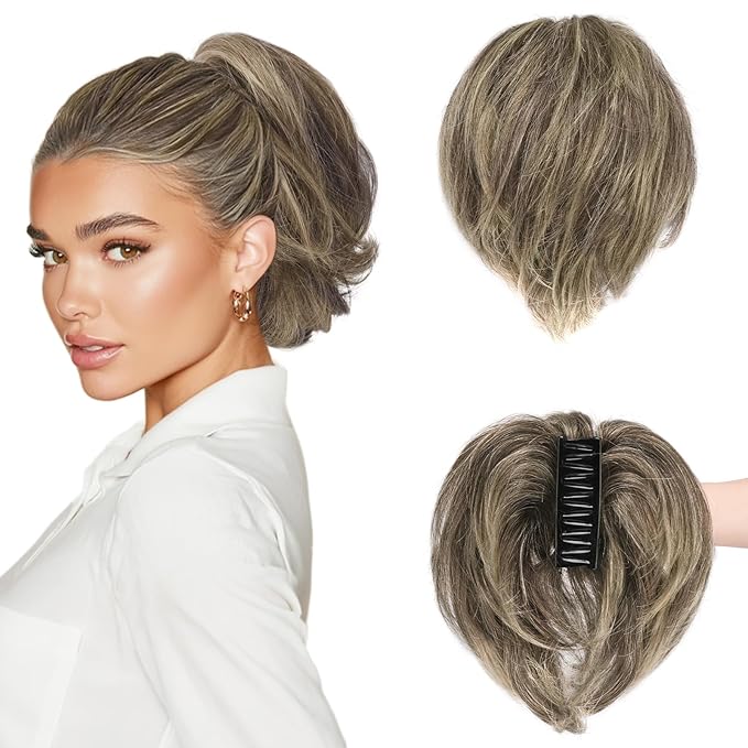 BARSDAR Claw Clip Short Human Hair Ponytail Extension with Bendable Metals - DIY 8 Inch Real Human Hair Brown Mix Blonde Messy Bun Hairpieces for Women - Thick Natural Short Ponytail Daily