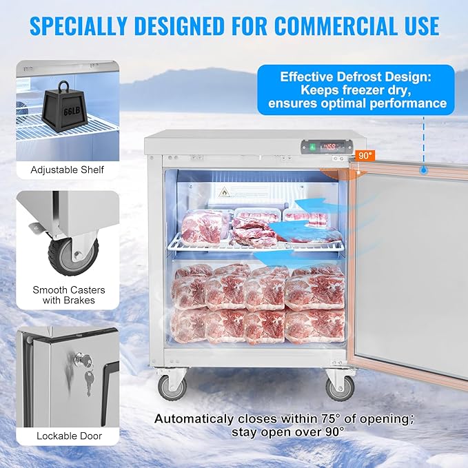 VEVOR 28" W Commercial Freezer Worktop, 7.4 Cu. Ft Undercounter Freezers with/Casters, <0~-8℉>Defrost Frozen Prep Table, Single Door Stainless Steel Food Frozen Prep Station for Restaurant, Diner