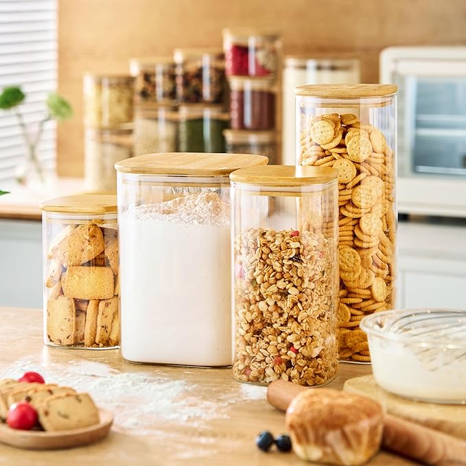 27oz - 4 Pack Square Glass Jars with Bamboo Lids, Glass Food Storage Containers with Airtight Lids for Kitchen, Air Tight Pantry Storage Containers