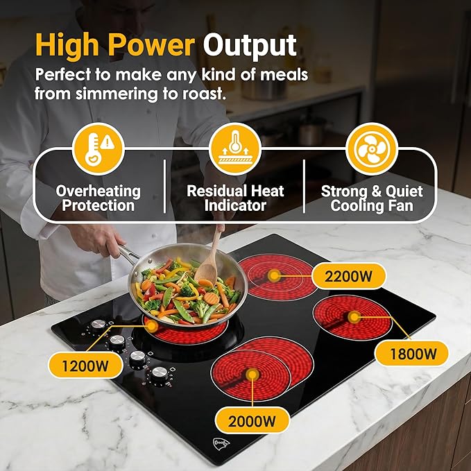 K&H 4 Burner Electric Cooktop - 30 Inch Built-In Radiant Ceramic Stove Top with 11 Power Levels & Knob Control, Compatible with All Cookware, 240V, 7200W High-Power Built-in Electric Stove, CE30-7206K
