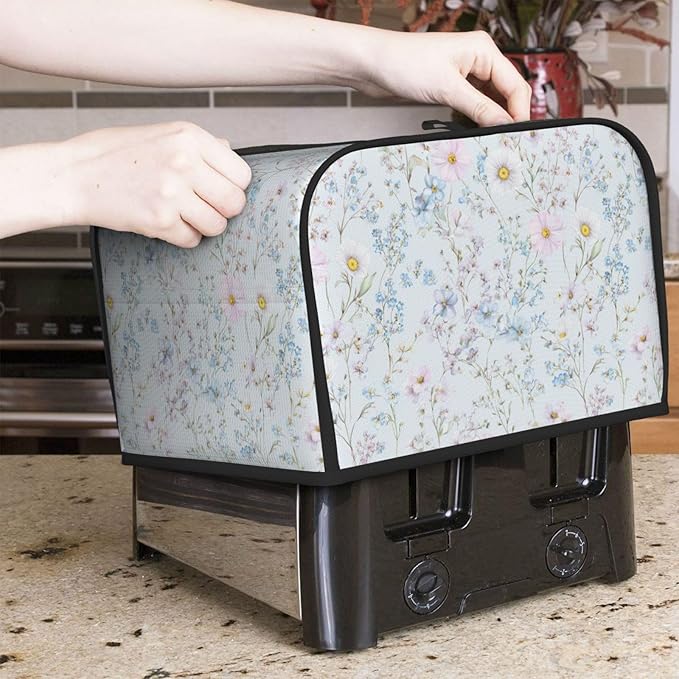 4 Slice Toaster Cover for Kitchen Pastel Wildflower Flower Waterproof and Dustproof Toaster Dust Cover with Side Pockets Decorative Universal Cover for Wide Slot Toasters and Small Appliances
