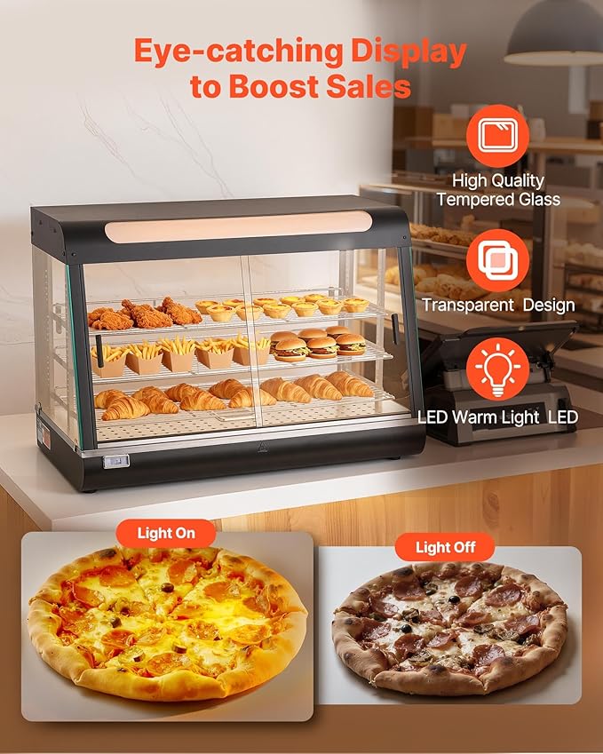 VEVOR 3-Tier Commercial Food Warmer Display, 1400W Food Display Warmer with LED Light, Top Storage and Adjustable Shelves, 86℉~185℉ Steam Heating, 137Qt/130L for Hamburger, Pizza, Bread, Fried Chicken