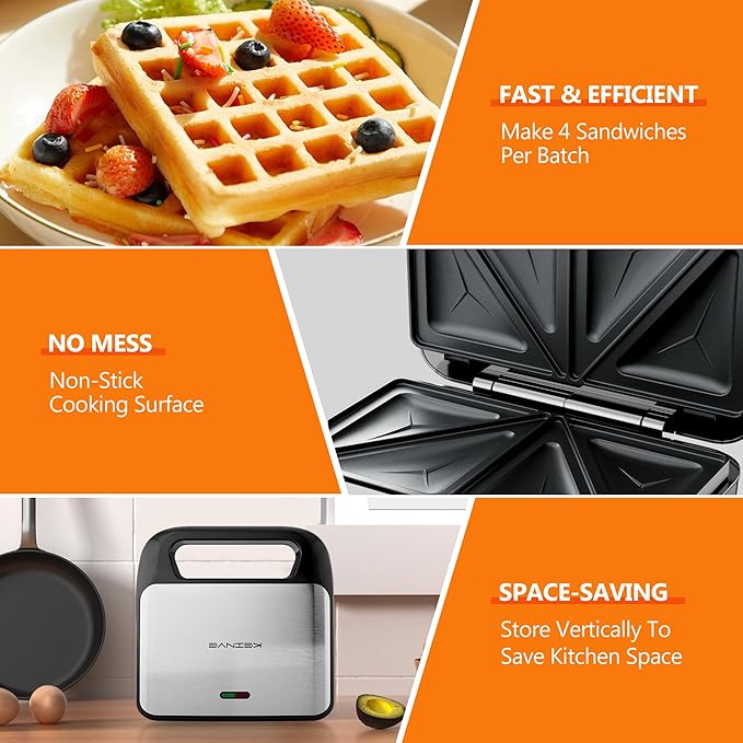 3 in 1 Sandwich Maker & Waffle Maker, Removable Non-Stick Plates, Panini Press, Grilled Cheese Maker, Cool-Touch Handle, LED Light, Easy Clean, 750W, for Home Kitchen Breakfast