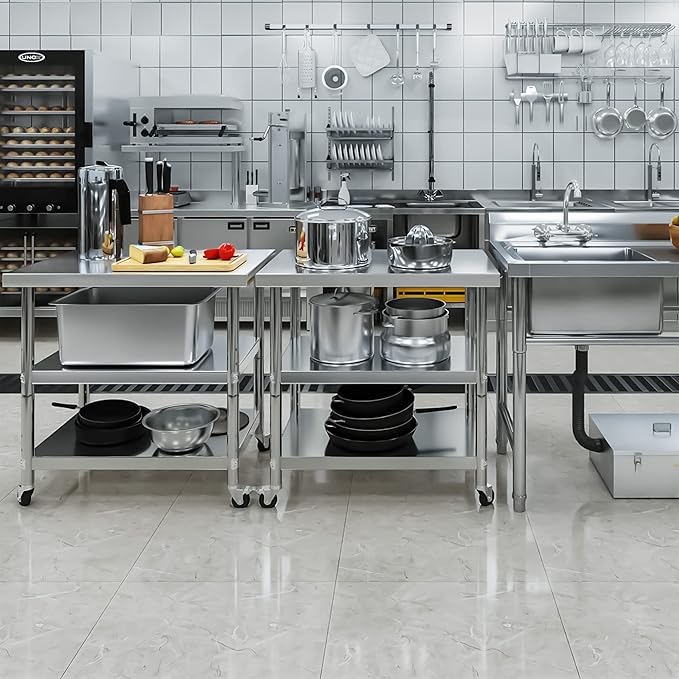 YITAHOME NSF Stainless Steel Table, 36" X 24" Worktable with Wheels, 3 Shelves Metal Prep Workstation for Home Kitchen Restaurant Garage Warehouse Outdoor