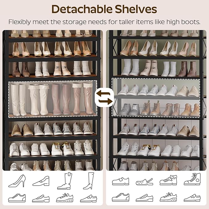6-Tier Tall Shoe Rack Organizer, Wooden Shoe Storage for Closet Holds 24 Pairs, Sturdy Shoe Shelf with X-Shaped Metal Support, for Entryway, Bedroom, Rustic Brown and Black SS206BR