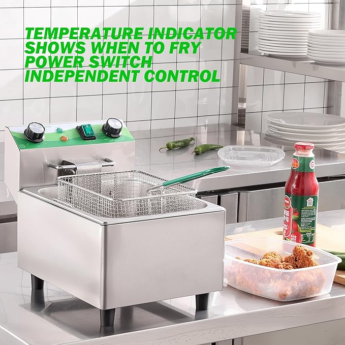 Electric Deep Fryer with Timer 10L/10.6QT Commercial Deep Fryer with Basket and Lid, Temp Control, 1700W/110V Stainless Steel Single Oil Fryer Countertop Fryer for Home and Restaurant Use