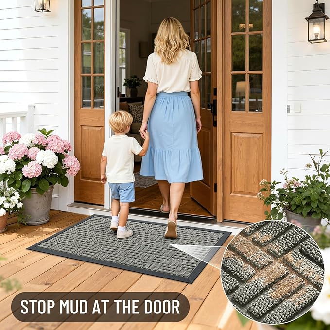 OLANLY Front Door Mat Outside Entrance 47x32, Absorbent, Heavy Duty Sturdy Natural Rubber Doormat Indoor Outdoor, Non-Slip, Stain and Fade Resistant, Low Profile Floor Mat for Entryway, Modern Gray