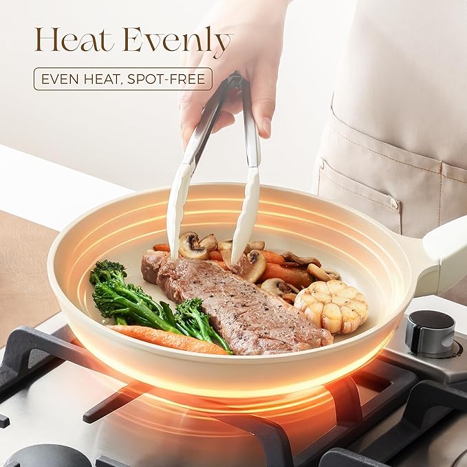 PRICUSIS 8Pcs Nonstick Ceramic Frying Pan Set, 8+10+12 Inch Induction Compatible with Stay Cool Handle, Fully Coated, 100% Dishwasher Safe, Healthy PTFE PFAS & PFOA Free Omelet Pans (Coconut White)