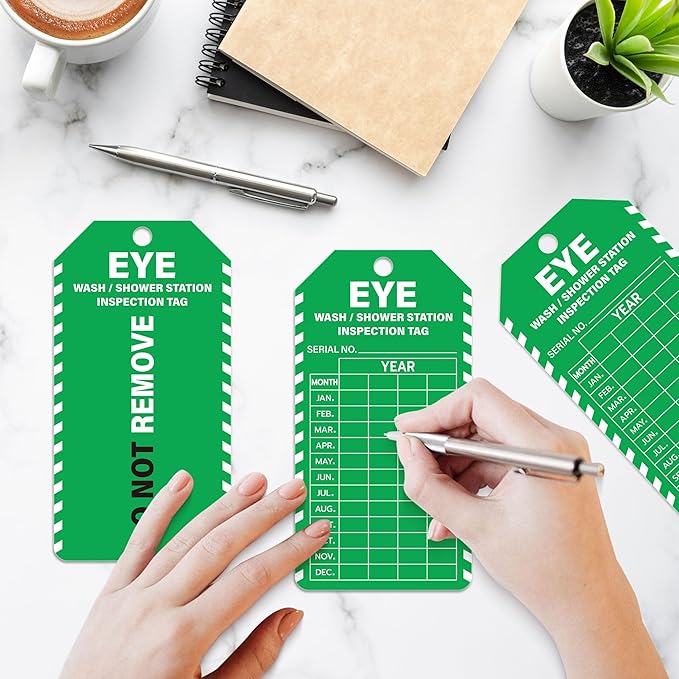 90Sets Eye Wash Station Inspection Tags with Adjustable Wire Ties Yearly Monthly Test Record Labels for Emergency Shower Safety Register 5.51 X 3 Inch
