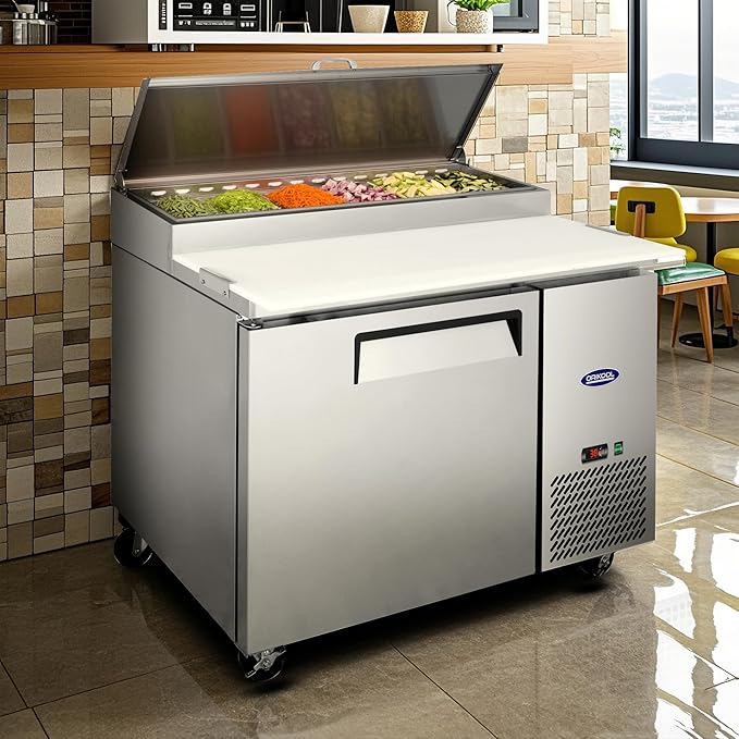 44" Commerical Pizza-Sandwich Prep Table Refrigerator - One Door Stainless Steel Refrigerator, 11 Cu.ft Capacity, Low Noise, Adjustable Shelves, Auto Defrost, Digital Temp Control