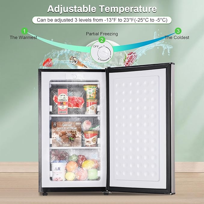 Maine Upright Freezer 3.6 Cu.Ft Mini Freezer with Reversible Stainless Steel Door Freestanding Compact Freezer with 3 Adjustable Thermostat, Small Freezer for Apartment Dorm (Silver)