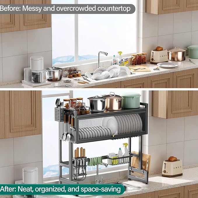 Over The Sink Dish Drying Rack with Cover, Over The Sink Dish Drainer Drying Rack 3 Tier Dish Rack, Keep Kitchen Sink Shlef Organized Space-Saving for Dishes and Cutlery (Matte Gray, 37.4" Length)