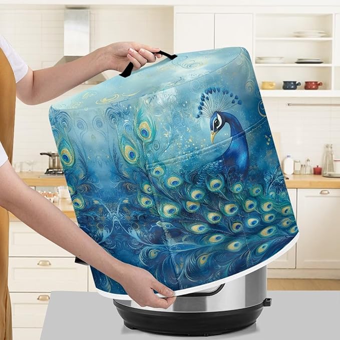 Xoenoiee Peacock Pattern Kitchen Appliance Dust Covers with Pockets, Electric Pressure Cooker Cover for 6qt Compatible with Crock Pot, Rice Cooker Cover, Medium
