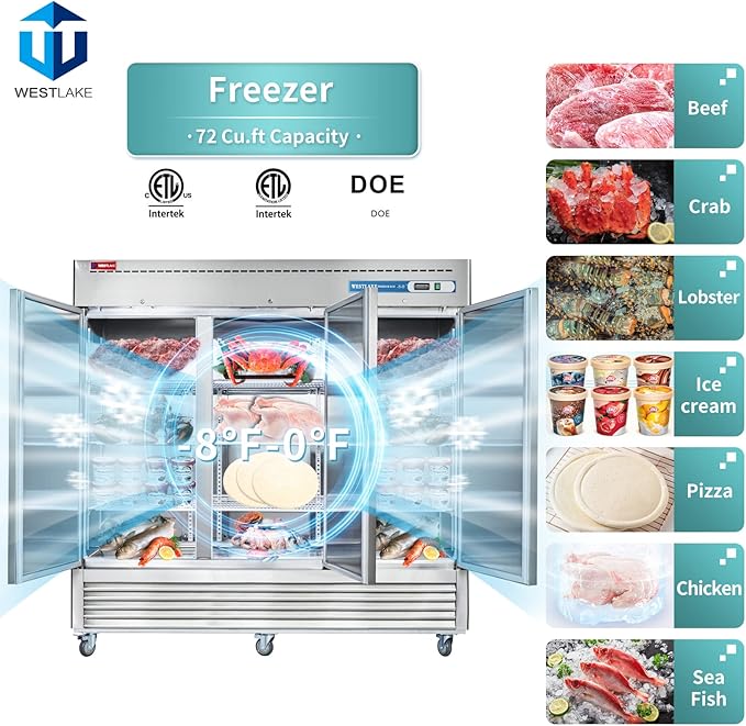 WESTLAKE Commercial Freezer 82"W 3 Door 3 Section Stainless Steel Reach-in Solid Door Upright Fan Cooling 72 Cu.ft Freezer for Restaurant, Bar, Shop, etc