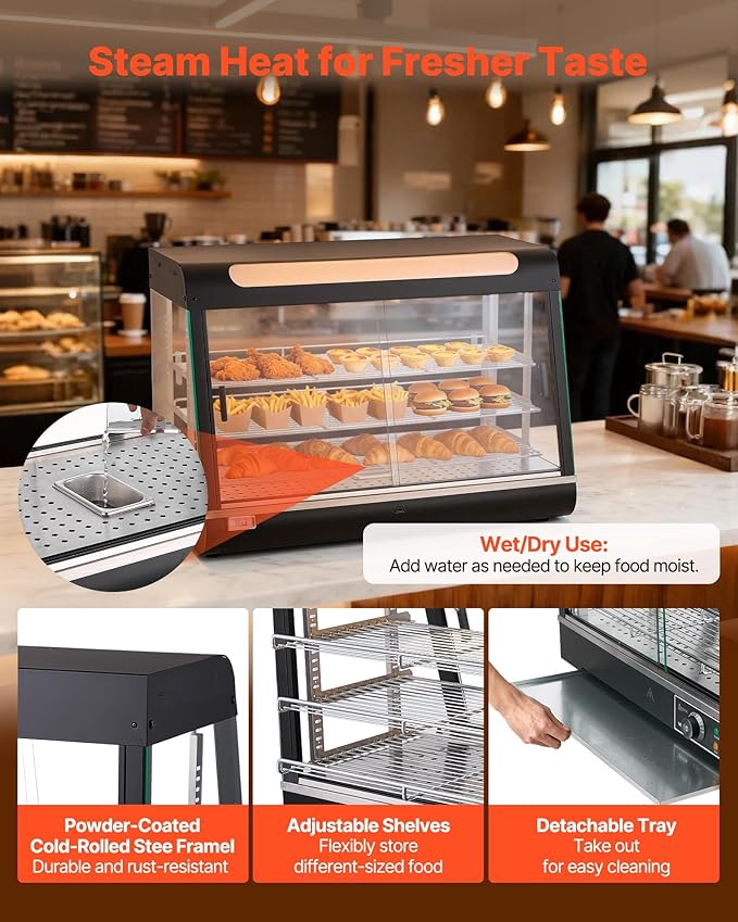 VEVOR 3-Tier Commercial Food Warmer Display, 1400W Food Display Warmer with LED Light, Top Storage and Adjustable Shelves, 86℉~185℉ Steam Heating, 137Qt/130L for Hamburger, Pizza, Bread, Fried Chicken