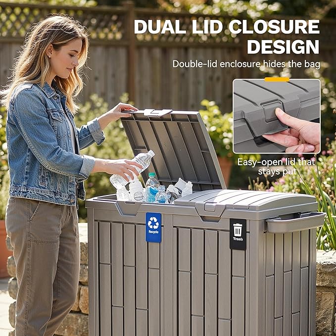 DWVO 76 Gallon Outdoor Trash Can, Dual-Compartment Resin Garbage Bin with Lid, Includes 2 Sorting Labels, Ash Holder, Stakes & Suction Cups, Hideaway Storage for Patio Backyard Garden, Light Brown