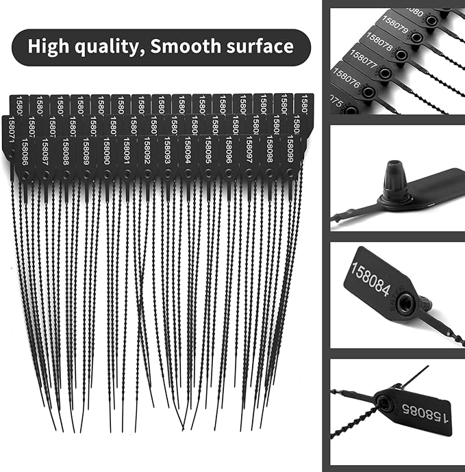100 Plastic Security Seals Anti Tamper Fire Extinguisher Tags Numbered Zip Ties Disposable Pull Tite Secure Tags (Black)