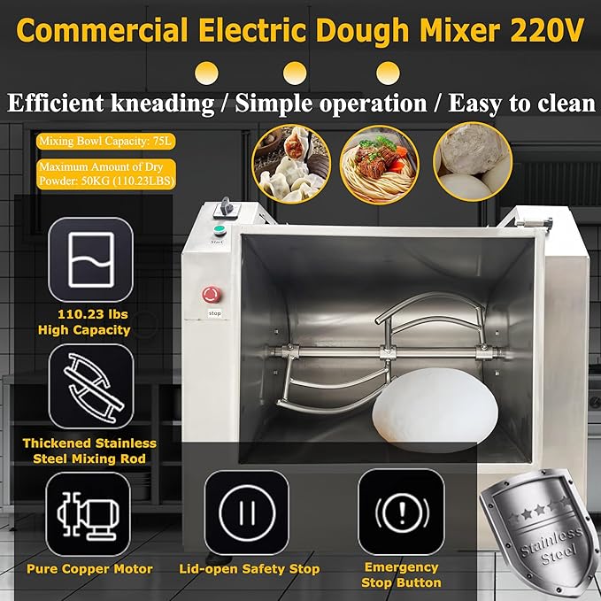 75L Commercial Dough Mixer Stainless Steel Electric Flour Mixing Machine 220V 4KW, Heavy Duty Large Capacity Dough Spiral Kneading Machine with 90 Degree Tilt Bucket for Restaurant Canteen