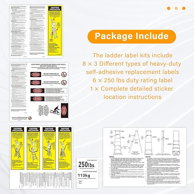 8 Pcs 250 LB Step Ladder Safety Labels Kits Compatible with Werner Ladder Safety Labels for All Type 1 250 Load Capacity Stepladders, Fiberglass Ladder Weight Stickers