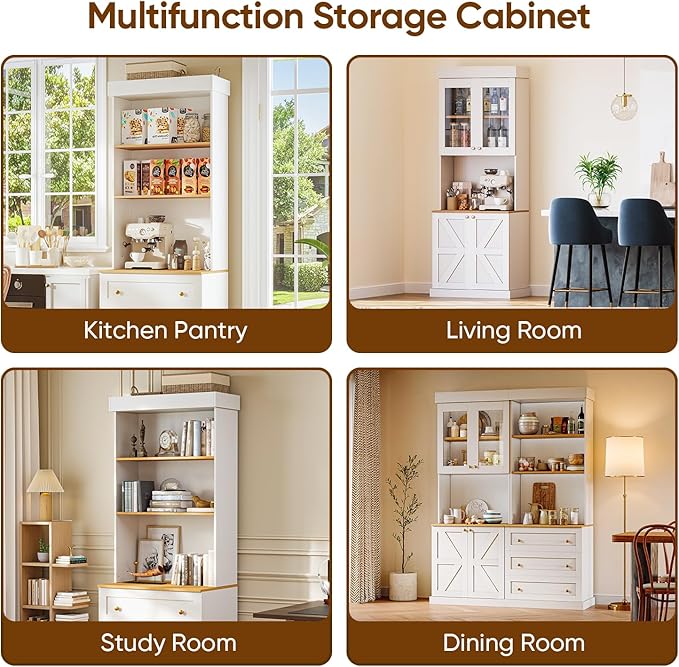 71" Farmhouse Kitchen Pantry Cabinet Set of 3, White Freestanding Coffee Bar Hutch with Glass Doors, Drawers & Adjustable Shelves, Large Storage Cabinet with Microwave Stand for Kitchen